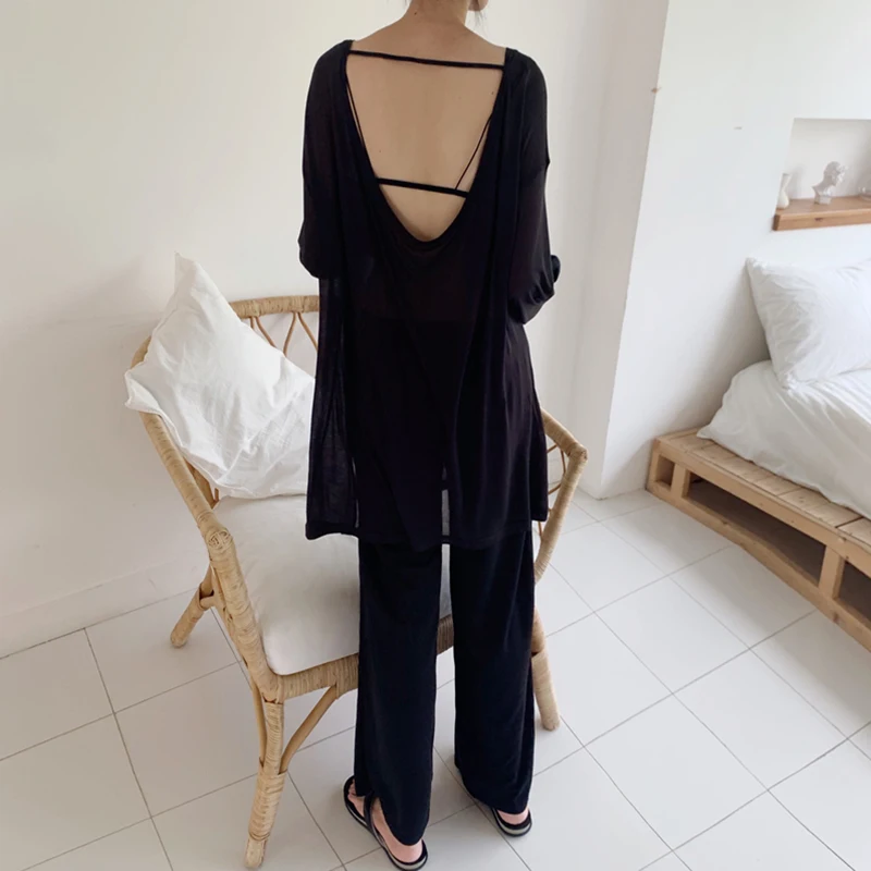 Весна-лето Женская шикарная свободная футболка с открытой спиной + широкие брюки