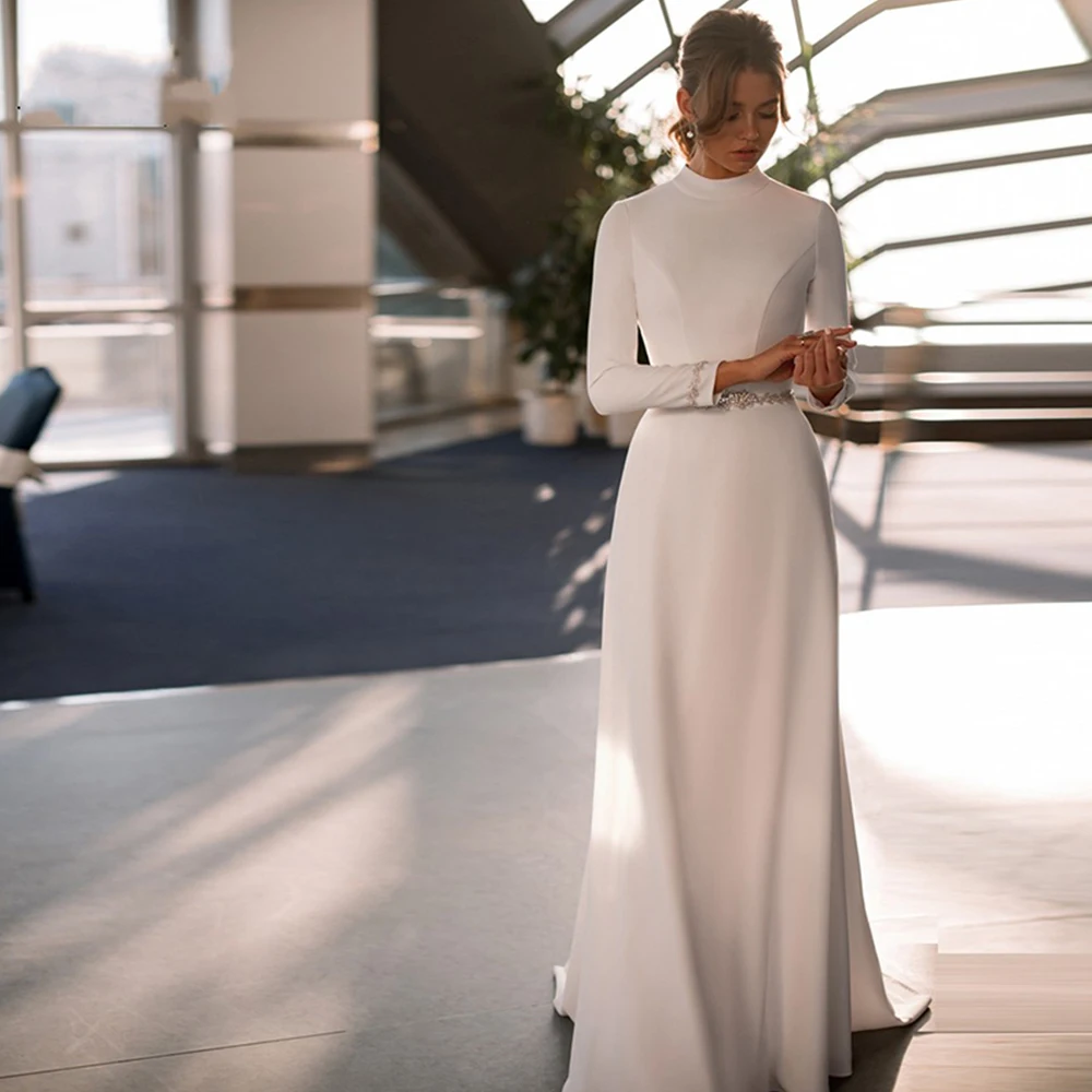 

Simple Lvory Wedding Dress A-Line High Collar Beaded Belt Zipper Sweep Train Bridal Gowns 2021 Vestido De Noiva
