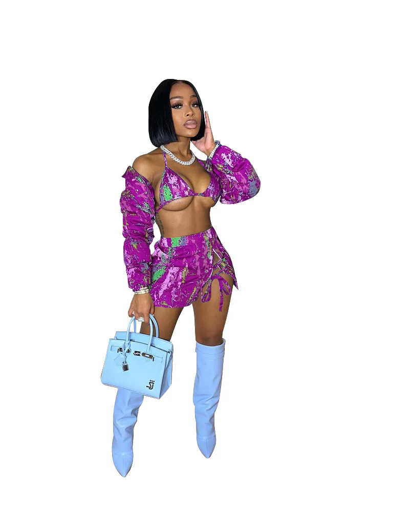 

SSEURAT Tie Dye Print Women's Set Streetwear Jacket and Bra Tops and Lace Up A-line Skirts Matching 3 Three Piece Set 2021