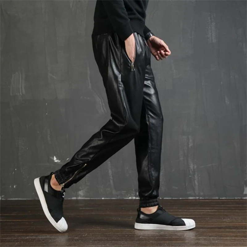 Leather harem pants mens fashion elastic waist waterproof drawstring overalls slim feet trousers black кожаная куртка мужская