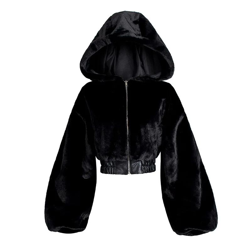 

New style short high waist texture furry hooded jacket blouse