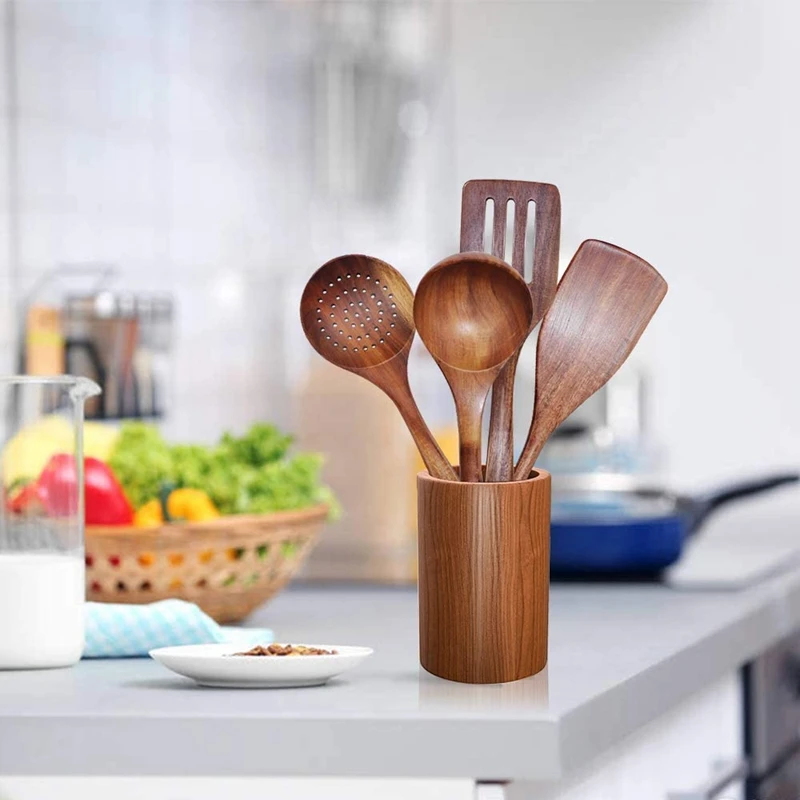 

Wooden Tableware,Teak Kitchen Cooking Tableware Set with Stand, Suitable for Non-Stick Cookware,Wooden Shovel Spoon Cooking 5Pcs