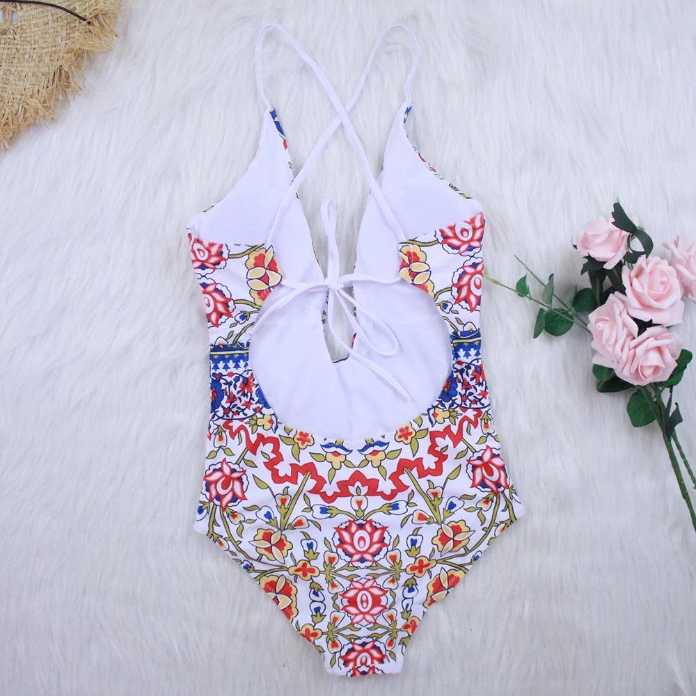 

V-Neck One Piece Swimsuit Women 2021 New Sexy Swimwear Print Bodysuit Push Up Monokini Backless Bathing Suits Summer Beach Wear