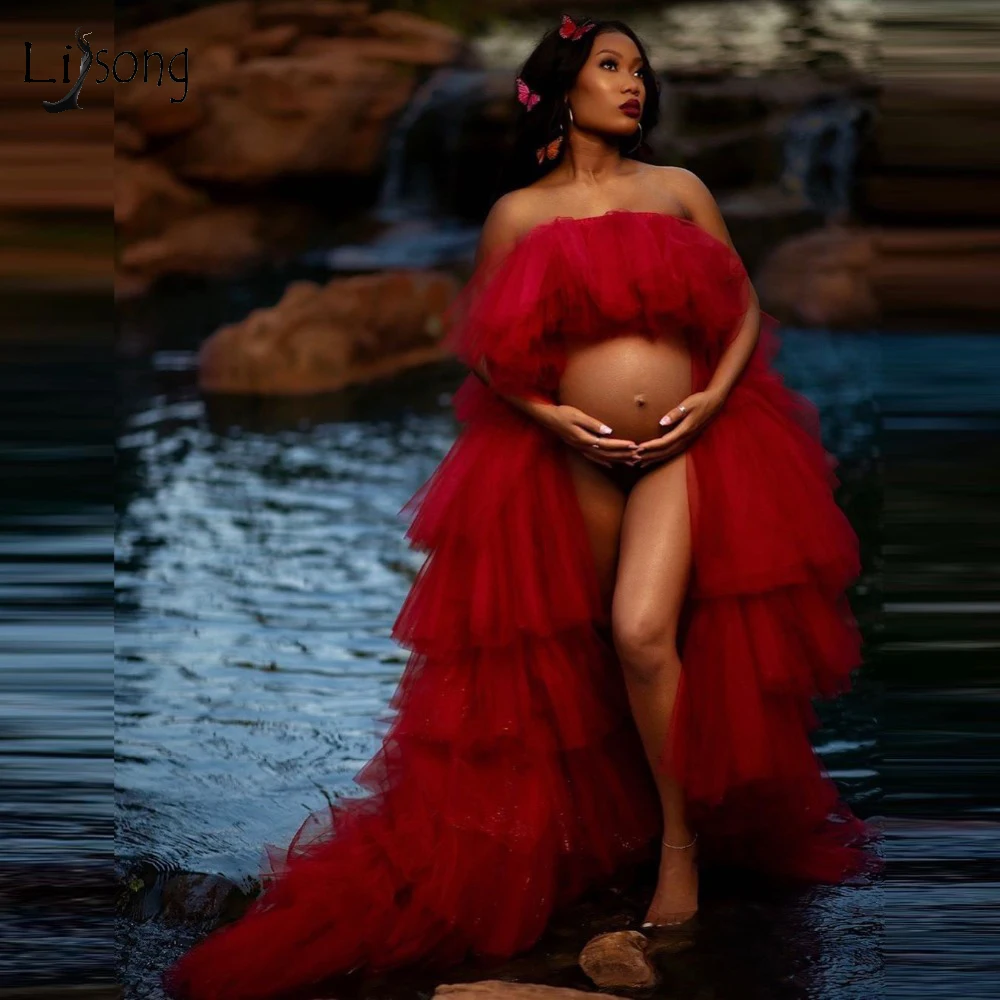 

Sexy Bridal Maternity Dress Robes Hi Low Red Strapless Long Ruffled Tulle Maternity Dresses Custom Made Photo Shoot Gowns