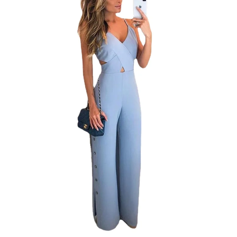 

Sexy Deep V-Neck Rompers Womens Jumpsuit Summer Sleeveless Wide Leg Elegant Lady Casual Solid Color Suspender Jumpsuit