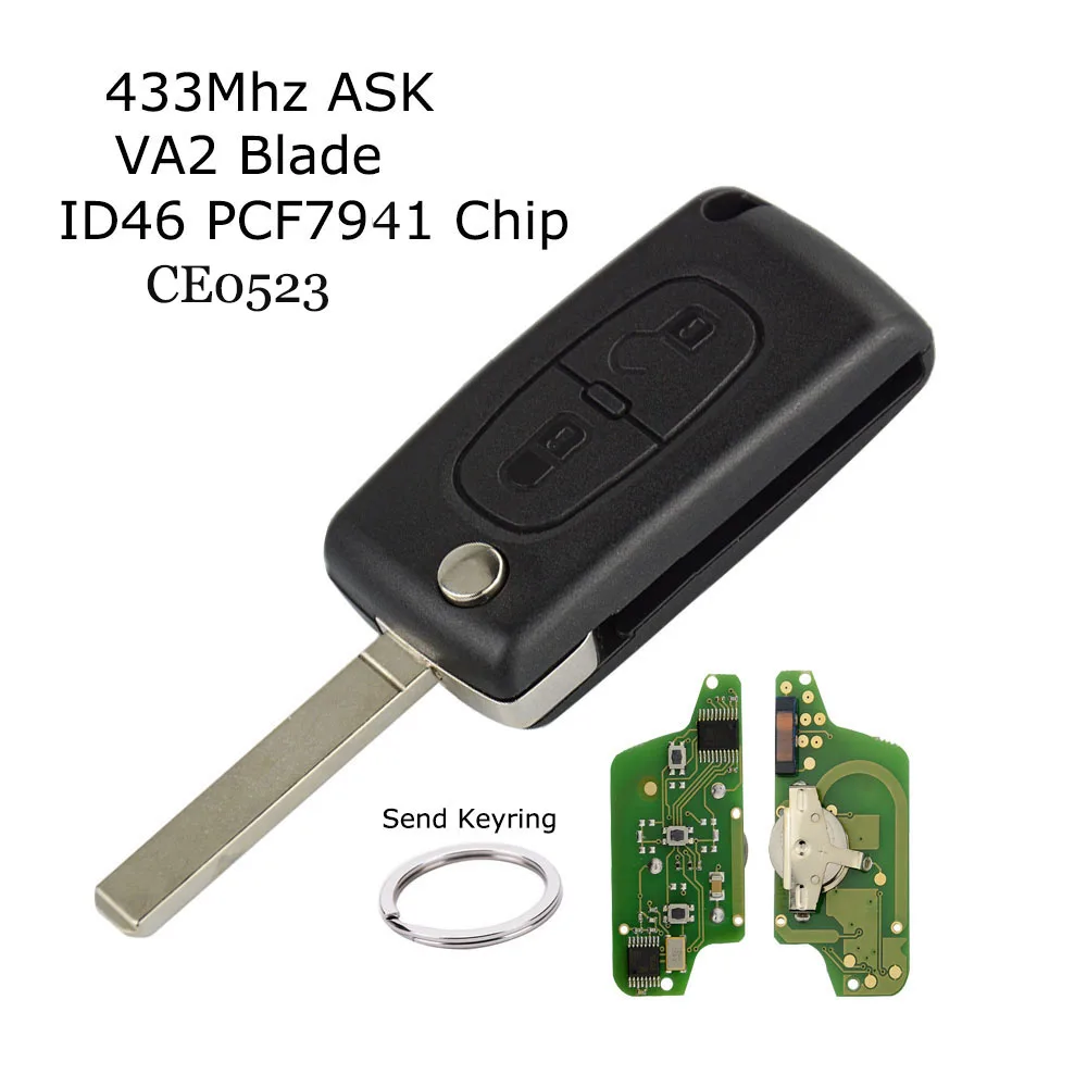 OkeyTech для peugeot Partner 207 307 308 407 дистанционный флип-ключ с кольцом для ключей 2 кнопки CE0523 433 МГц ID46 PCF7941 чип пустой лезвие