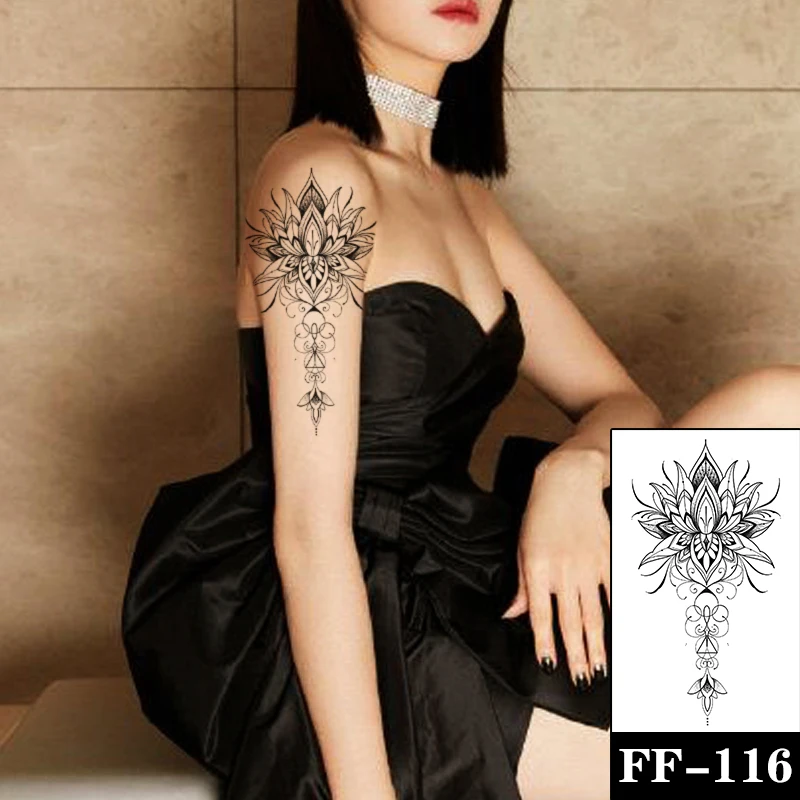 

Sanskrit Flower Geometry Leavers Waterproof Temporary Tattoo Sticker Black Totem Tatto Body Art Arm Hand Women Men Fake Tatoo