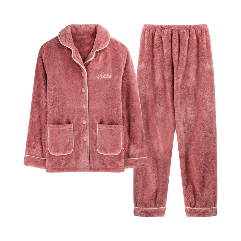 

Pajamas women's winter coral cashmere thickened warm cashmere cardigan large flannel housewear autumn and winter Korean set