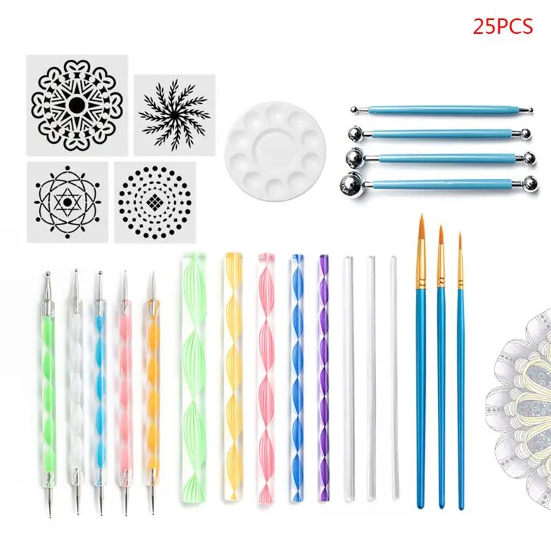 

25pcs Mandala Dotting Tools Set for Painting Rock Stone Stencil Template Point Pen Palette Kit