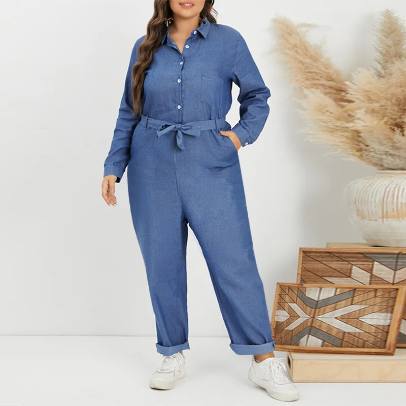 

5XL Plus Size 2022 VONDA Women Jumpsuit Playsuits Long Sleeve Lapel Button Spring Autumn Denim Ladies Pantalon Office Overalls
