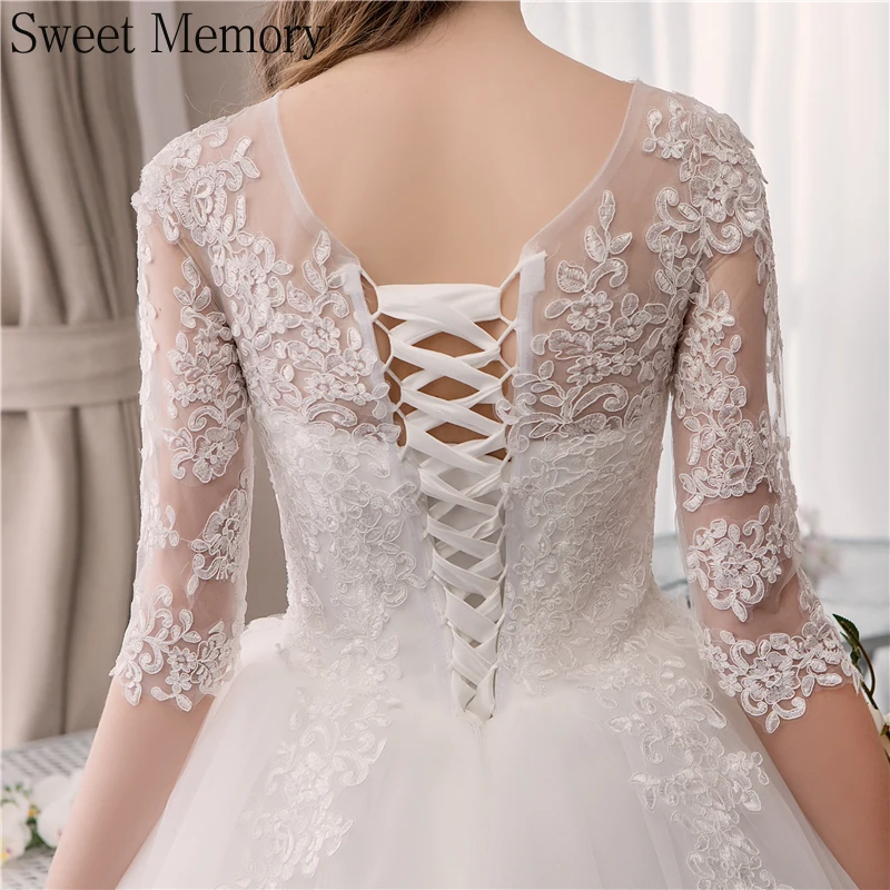 

Sweet Memory Illusion O-Neck Lace Dress 2021 Half Sleeve White Simple Wedding Dresses For Lady Robe De Mariee Summer Vestidos