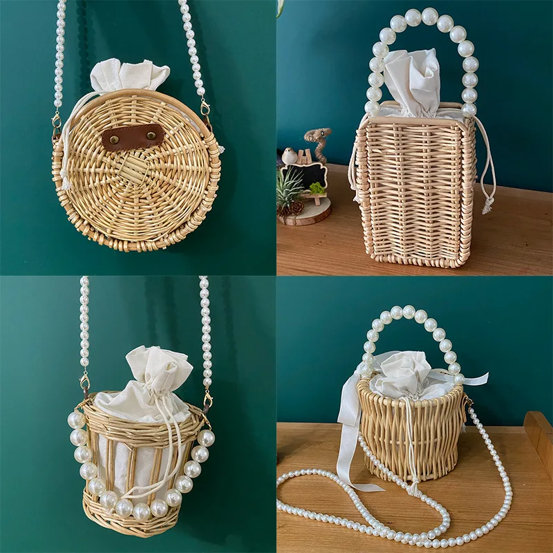 

Straw Bags for Women Small Rattan Purses and Handbags Ladies Basket Beach Shoulder Bag Woven Pearl Hand Bags Tote