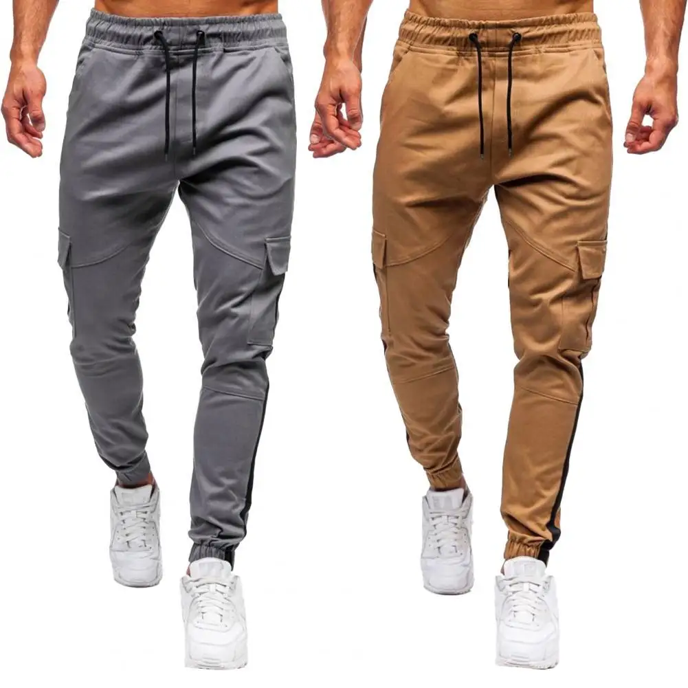 

Men Trousers Solid Color Flap Pockets Spring Autumn Lace-up Straight Pants for Daily Wear