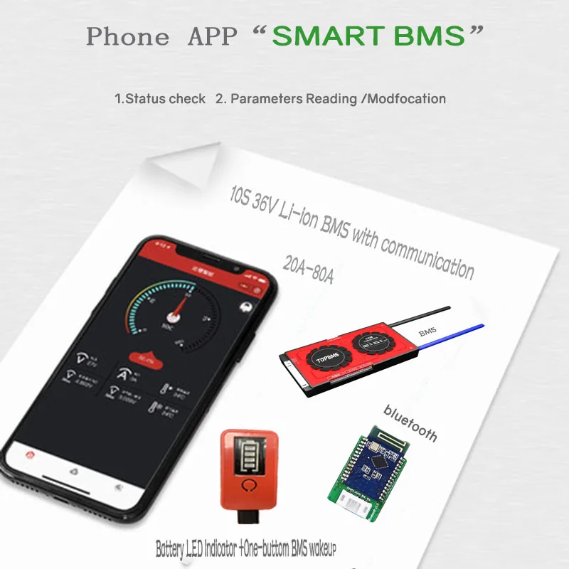 

BMS 10S 36V balance 20A-80A Bluetooth phone APP RS485 CANbus NTC UART for Li-ion Batteries 3.7V/4.2V connected in 10 series