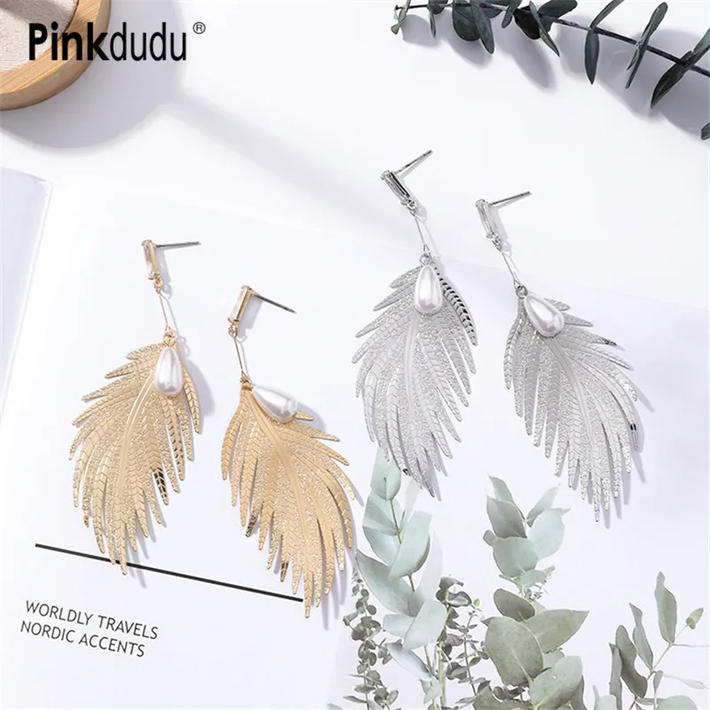 

Pinkdudu Fashion Vinatge Gold Color Metal Dangle Earrings Unique Big Feather Drop Earrings For Women Jewelry Accessories PD140