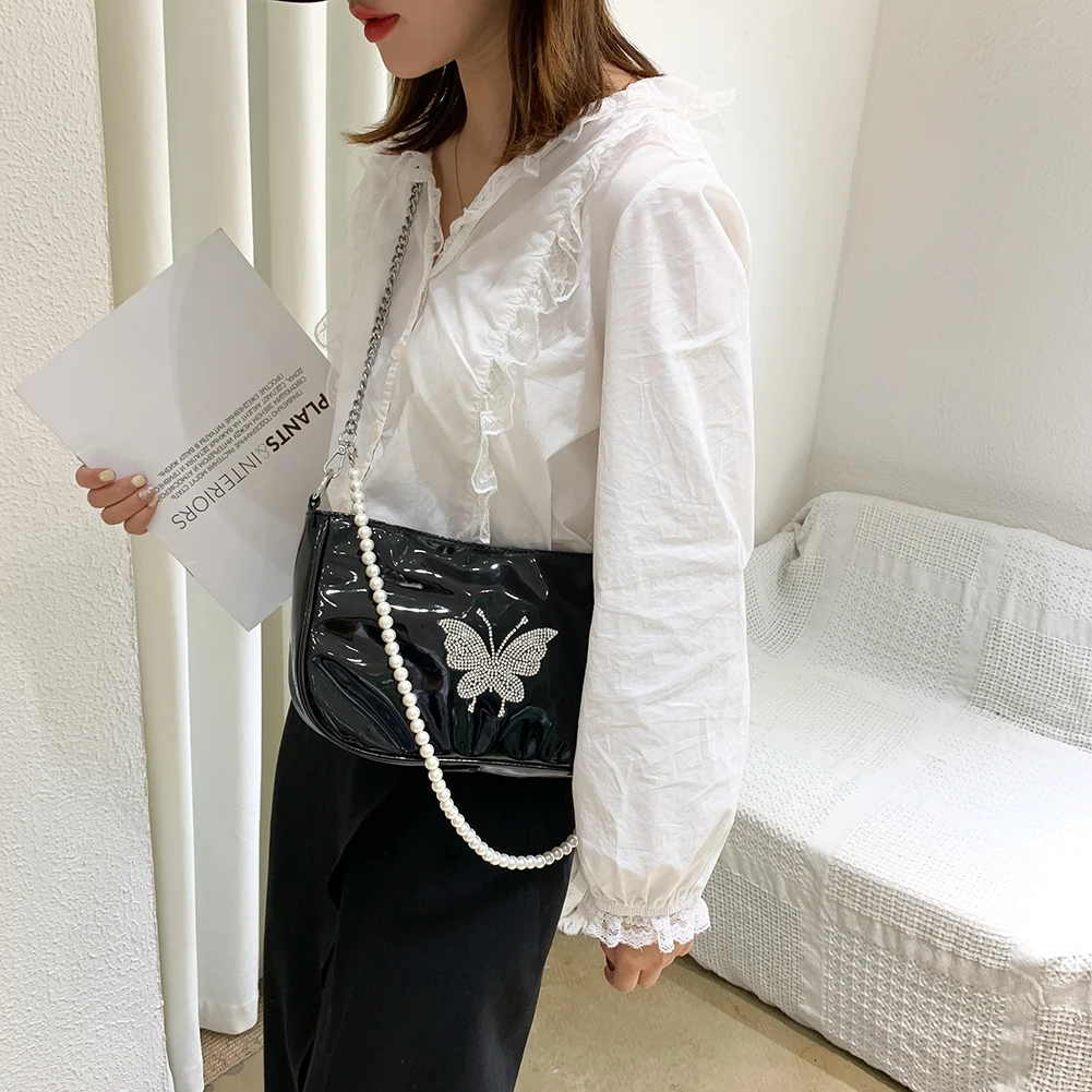 

Fashion Butterfly Rhinestones Handbag PU Leather Shoulder Bag Chain Women Pearl Chain Elegant Crossbody Shoulder Bag