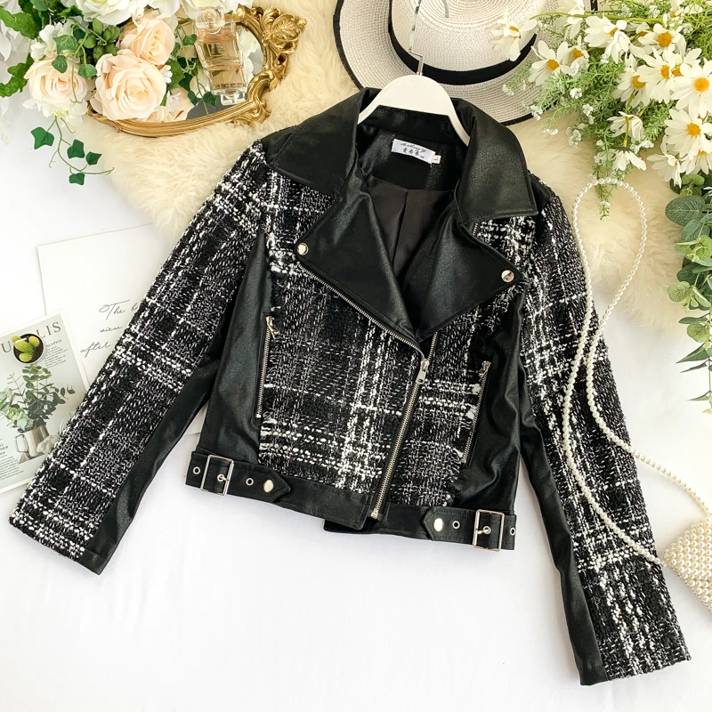 Качественная стильная крутая клетчатая куртка для женщин короткие дизайнерские