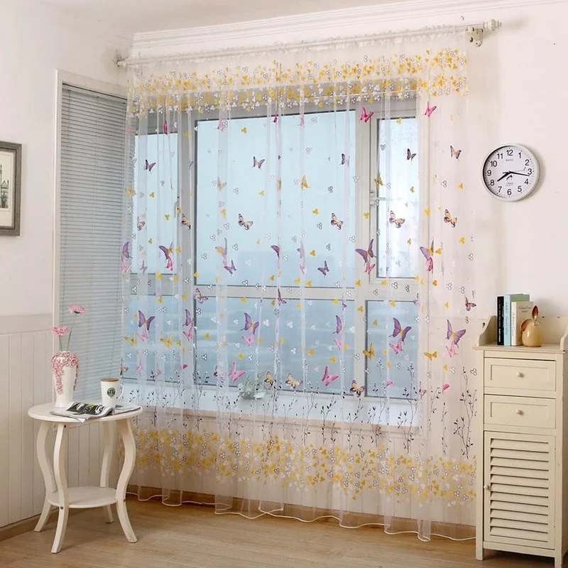 

1PC Colorful Butterfly Flower Voile Curtain Panel Window Room Divider Sheer Curtain Home Decor Sheer Voile Panel Drapes Curtains