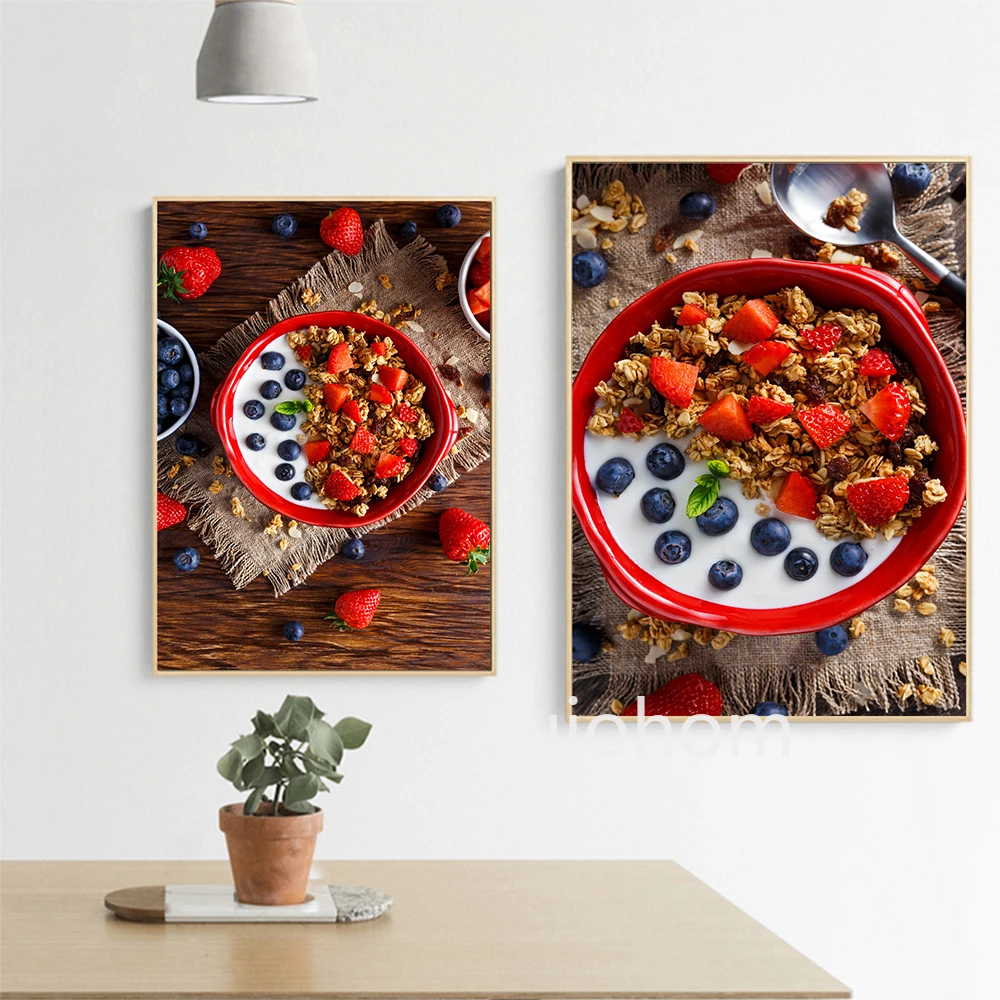 

Картина на холсте с изображением вкусной еды, Настенный декор, домашний гранил, завтрак, йогурт, свежие фрукты, молоко, здоровый завтрак, кух...
