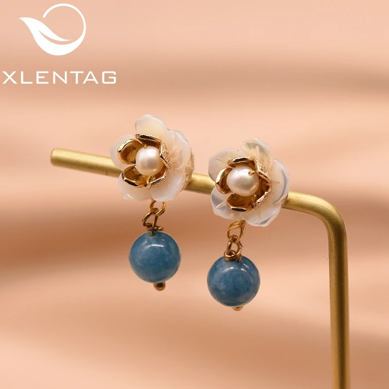 Женские серьги-капельки XlentAg с натуральным жемчугом и голубым камнем свадебные