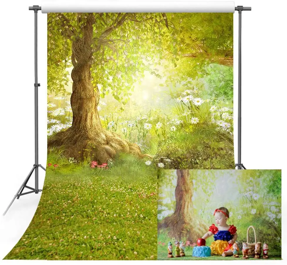 

Spring Photography Backdrop Easter Woodland Big Tree Meadow Grass White Flower Fairy Tale Photo Studio Booth Background