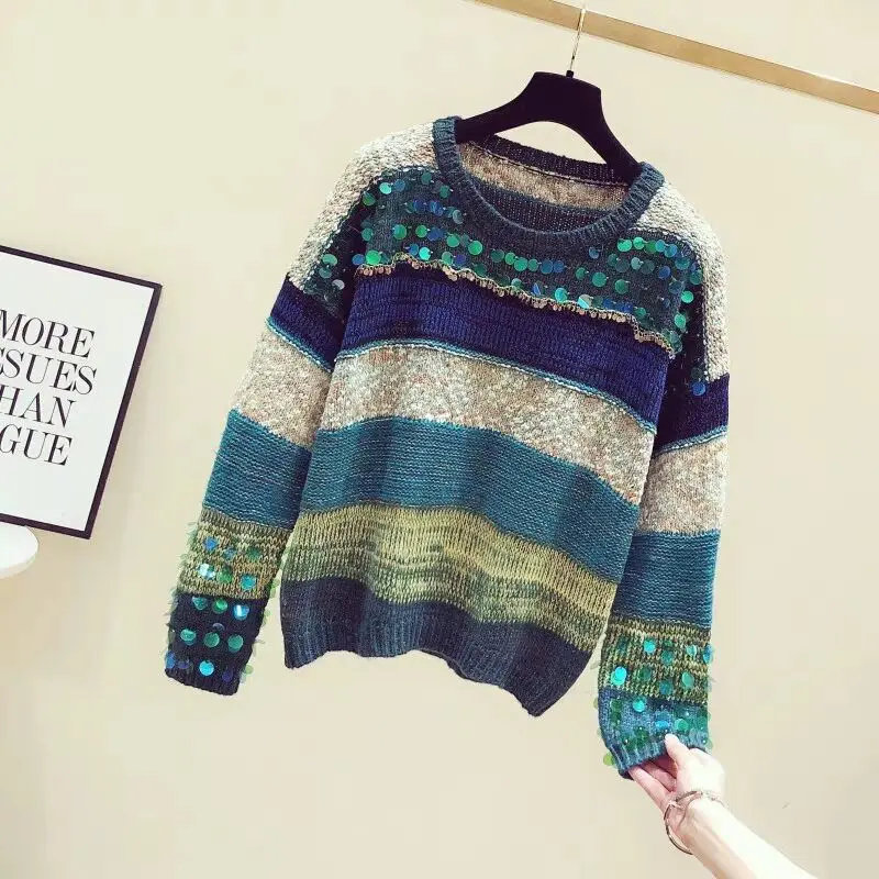 Блестящие топы Женский Базовый стиль повседневный Блестящий пуловер в радужную