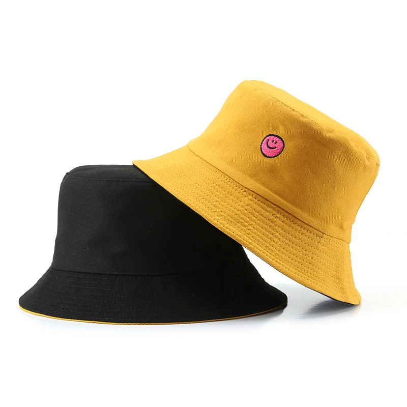 

Embroidery Smiley CapWomen Bucket Fishing Hats Double-sided Wear Spring lady Fisherman Hat Panama Casual hat for Women Gifts