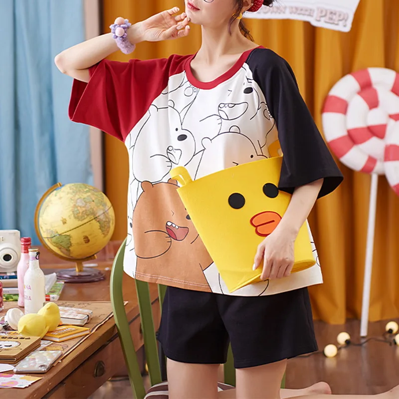 

2021 New Arrival Women Print Pajamas Set Two Piece Set Short Sleeve Round-neck Top Elastic Waist Shorts Women Homewear