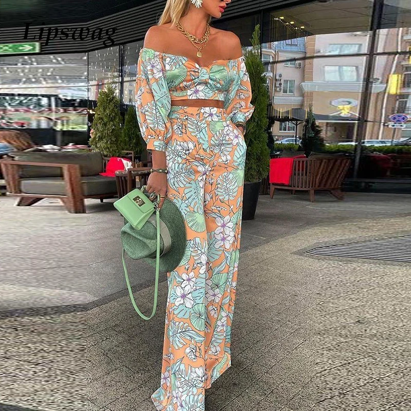 

Женские Модные осенние комплекты из 2 предметов, праздничный пляжный комплект, топ с пышными рукавами + элегантные длинные брюки с высокой т...