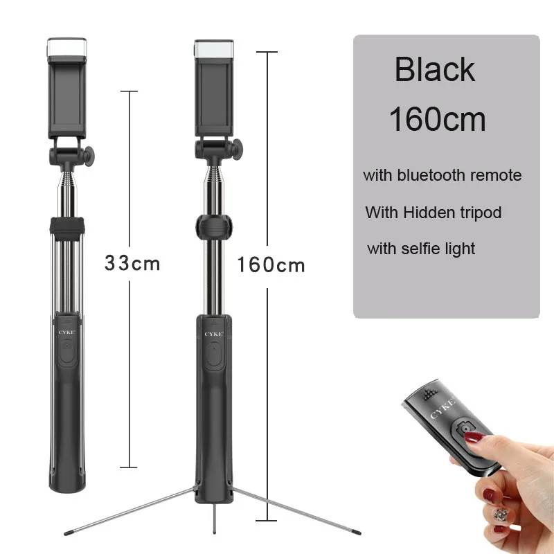 Black 160cm Светодиодный заполняющий свет палка для селфи 3 в 1 выдвижное устройство Bluetooth Скрытая телефона штатив монопод палка для селфи для iPhone смартфона - Цвет: Black 160cm