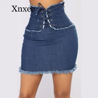 new sexy bandages women denim mini skirts high waist lace up jean summer pencil skirts mini sexy above knee lace up solid