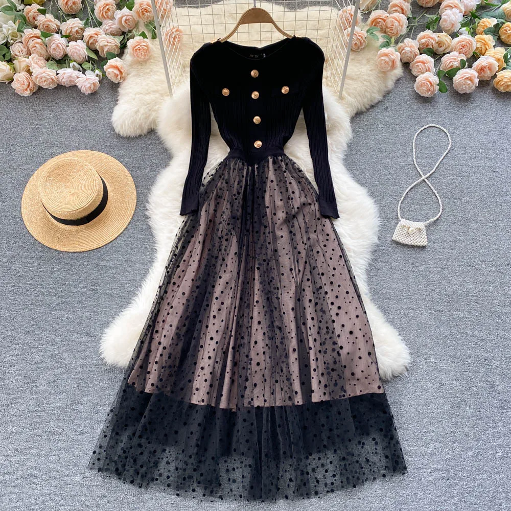 

Элегантное дизайнерское платье во французском стиле, вязаные сетчатые платья в горошек, Осеннее ТРАПЕЦИЕВИДНОЕ модное уличное длинное пла...