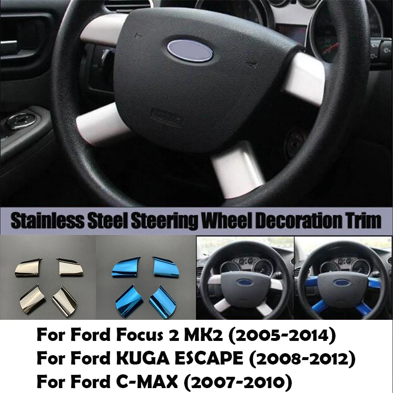 

4pcs Stainless Steel Steering Wheel Decoration Trim Car Stickers For Ford Focus 2 MK2 2005-2011 KUGA C-MAX Auto Accessories