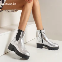 large size 34 43 women pu leather boots fashion platform shoes woman winter warm mid calf boots black yellow silver punk shoes