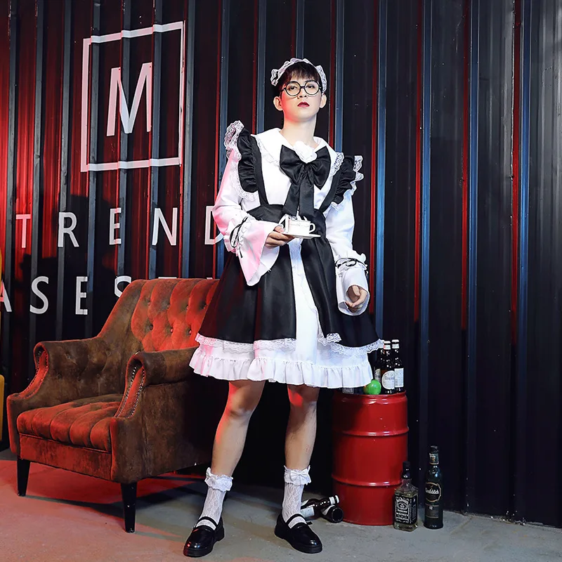 

Maid Cosplay Costume Lolita Lace Dress Ouji Clothing Black Gothic Carnival Halloween Outfit For Men Women Black White