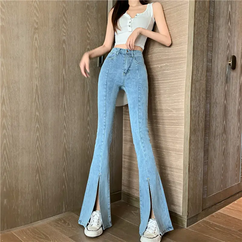 

2021 Spring and Autumn New Split Denim Flared Pants Women 's High Waist Slimming Draping Stretch Slim Retro