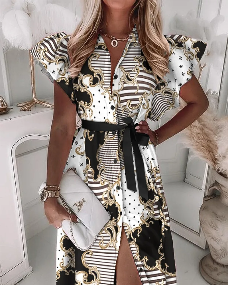 

Ruffled Print Dress Short Sleeve 2021 Summer New Casual V-neckFashion Sashes Button Dress for Women Sundresses Vestidos