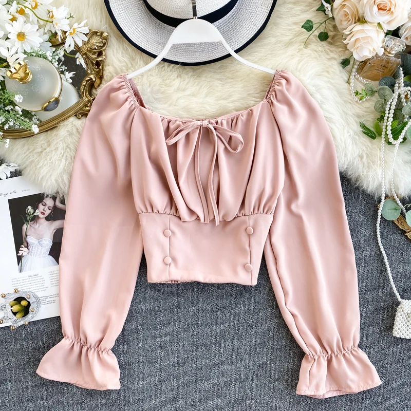 Весна 2020 женские ретро топы с квадратным воротником и длинным рукавом Короткие