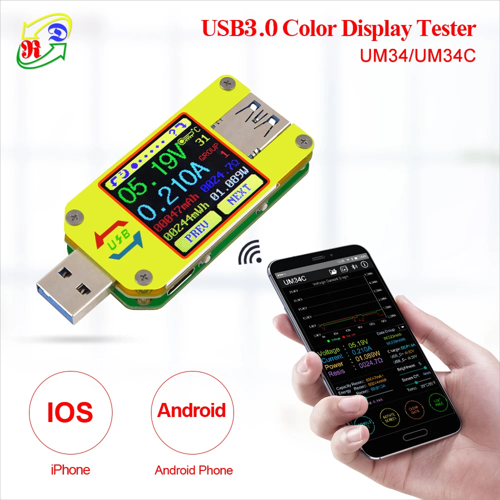 UM34 UM34C для приложения USB 3 0 Type C DC Вольтметр Амперметр измеритель тока напряжения