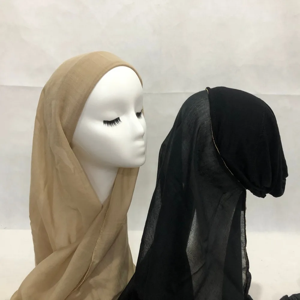 

180*80cm Soft Voile Cotton Hijab Scarf with Hijab Caps No Pins for Muslim Women Chain Side Headscarf Femme Musulman