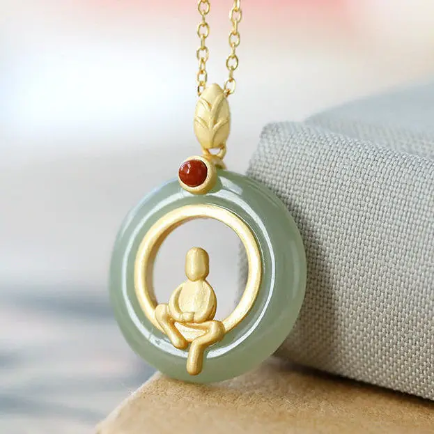 

HML& inlaid natural Jasper Pendant Necklace Chinese style retro Buddha national style elegant charm women's brand jewelry
