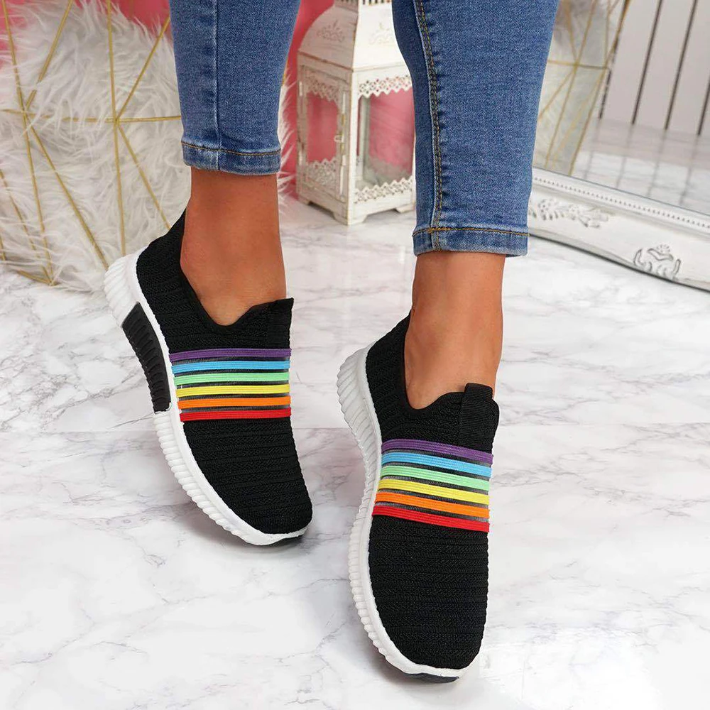 

2021 New Mesh Women Sneakers Rainbow Color Knitted Vulcanized Shoes Women's Casual Flats Breathable Female Comfortable Shoe