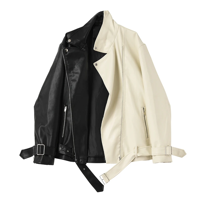 

Куртка женская из искусственной кожи, демисезонная, с лацканами и поясом