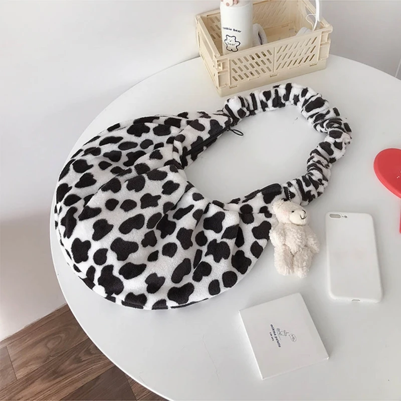

Top Handle Satchel for Women Ladies Plush Shoulder Bag Cow Print Purse Underarm Armpit Bags K5DA
