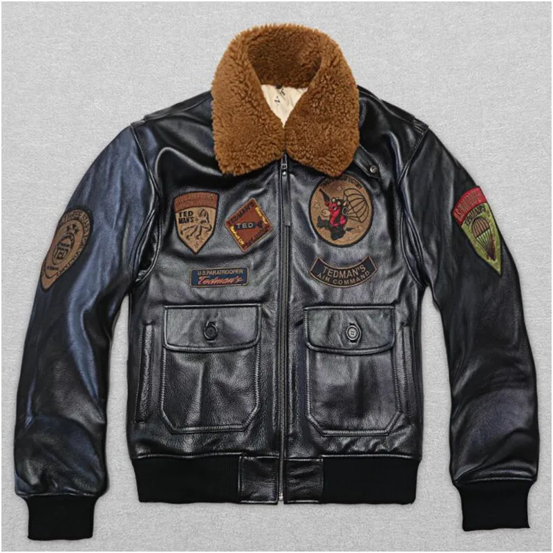 

2021 Brown Military Style Pilot Leather Jacket Wool Collar Europe Size Genuine Natural Thick Cowhide Winter Warm Aviator Coat