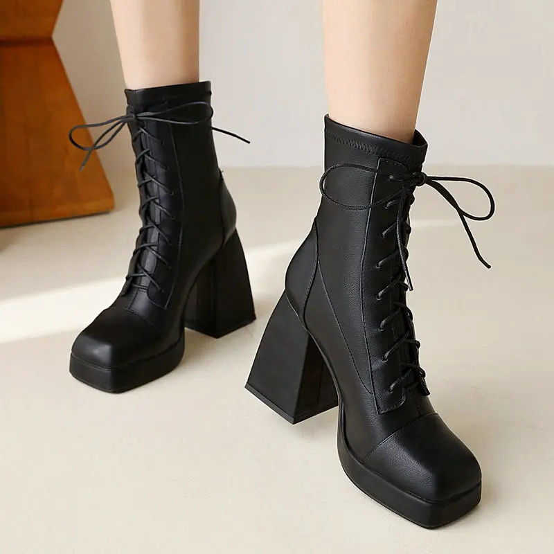 

Женские ботинки на шнуровке, ботильоны из искусственной кожи на платформе и высоком устойчивом каблуке, большие размеры 43 44, Осень-зима 2021