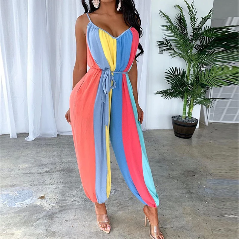 

Women Summer Color Stripes Printed Lace Up V Neck Women Jumpsuit One Piece Outfit Loose Jumpsuit Rompers Womens Jumpsuit