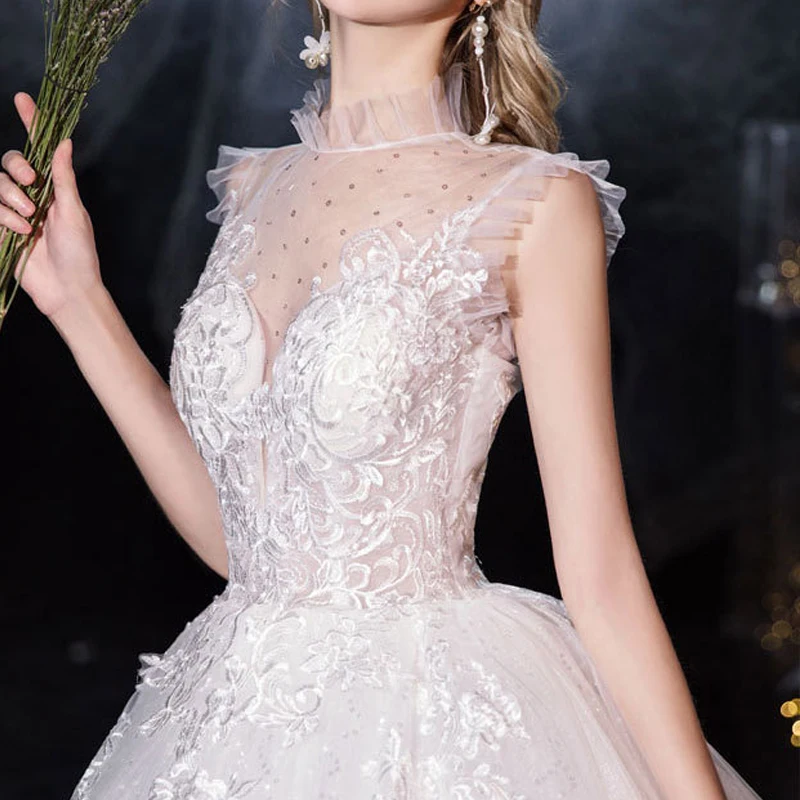 

Elegant High Neck Wedding Dress Embroidery Sleeveless Backless Sequins Plus Size Wedding Gowns For Women Vestidos De Novia G168