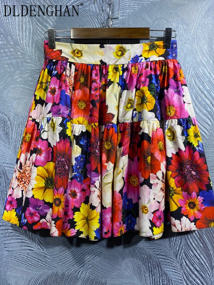 

DLDENGHAN Fashion Designer Summer Cotton Skirt Women Flower Print Mini Skirts
