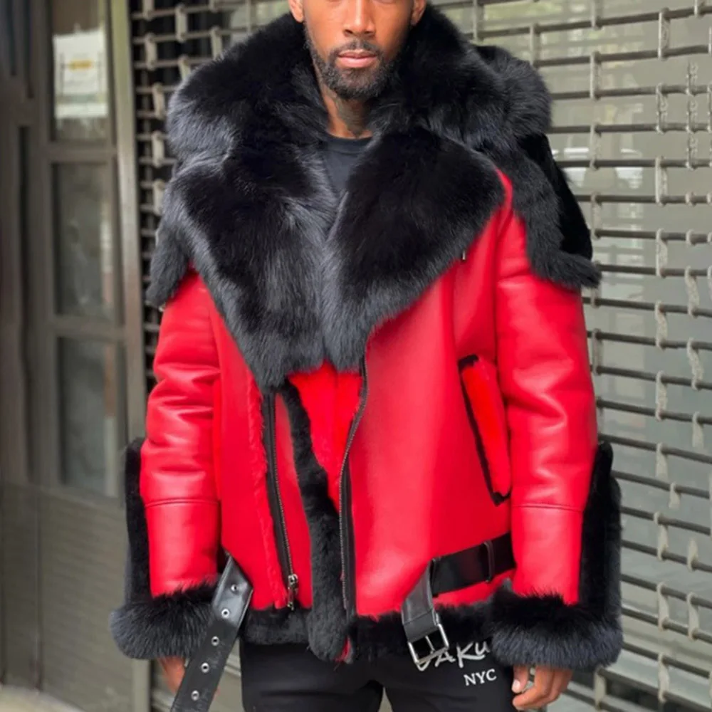 

2021 New Mens Fashion Leather Jacket Solid Color Thicken Plus Velvet Fur Collar Hooded Zipper Long Sleeve Red Leather Jackets